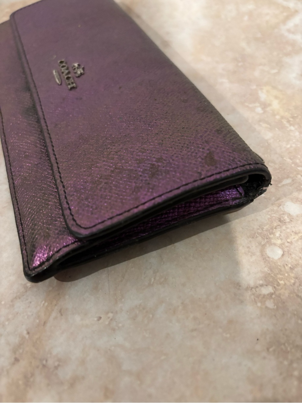 COACH Metallic oil slick Purple Leather long continental fold over snap Wallet - Picture 5 of 12
